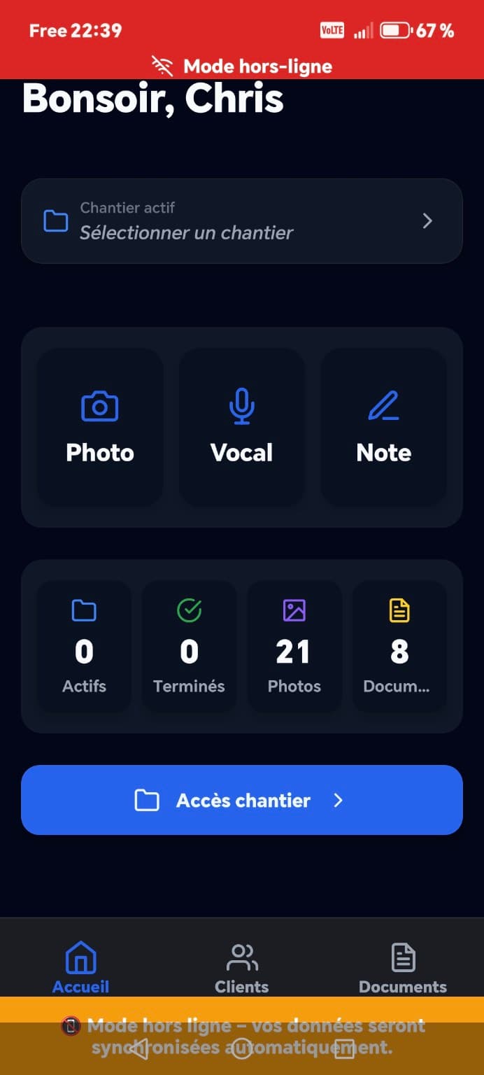 Écran ArtisanFlow utilisé sur chantier, même sans réseau